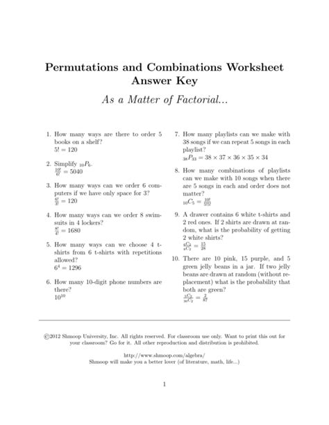 permutations and combinations worksheet answers pdf